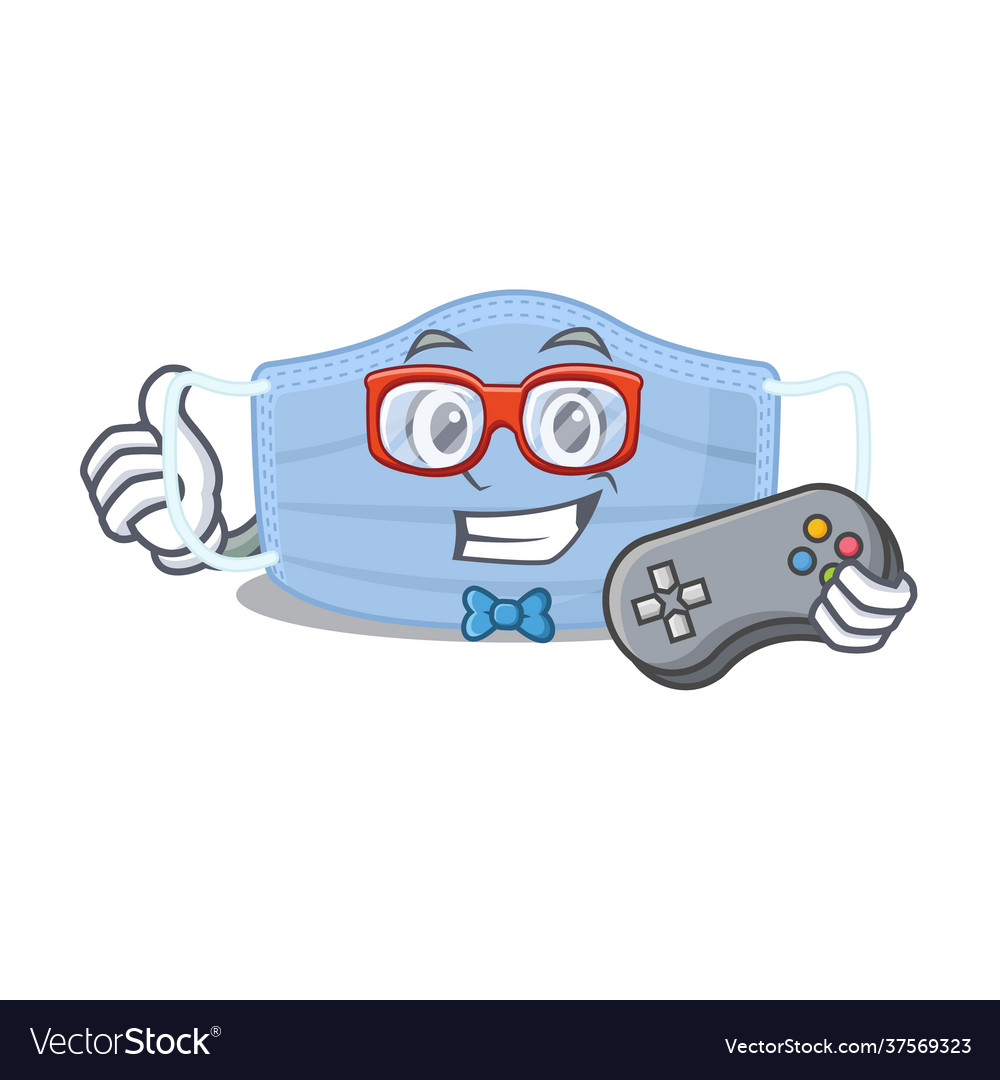 Mascot surgical mask gamer playing with controller