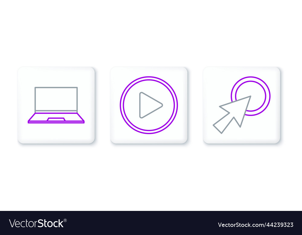 Set line arrow cursor laptop and play in circle vector image Set line arrow cursor laptop and play in circle