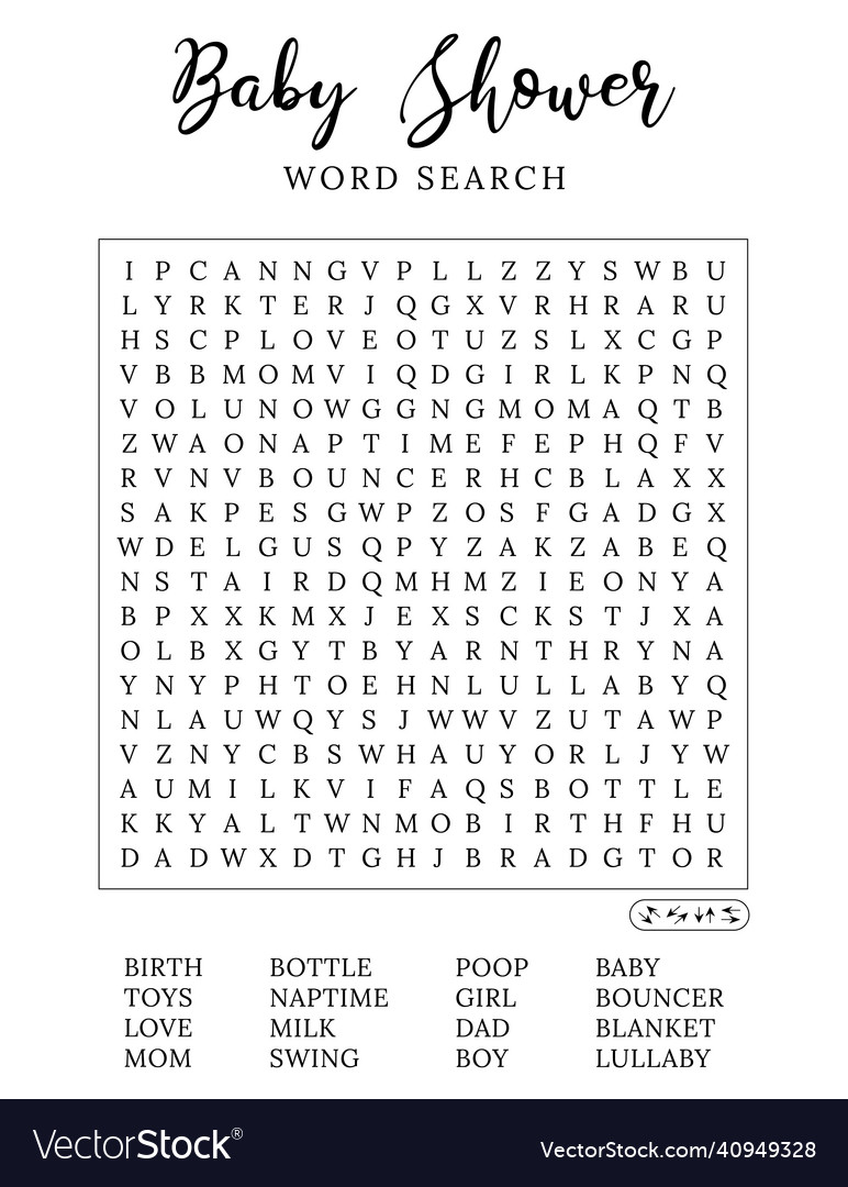 Baby shower word search puzzle game Royalty Free Vector