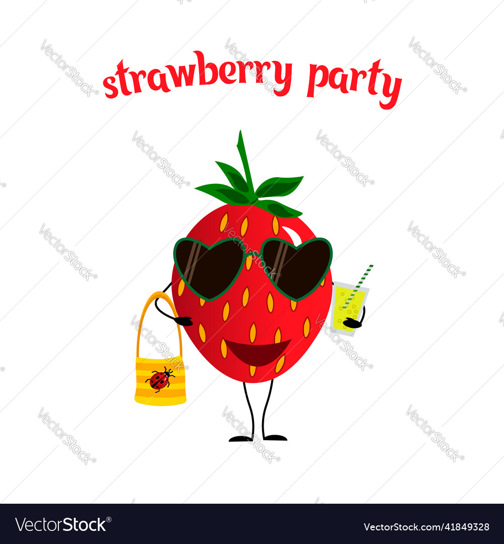 Cartoon strawberries in sunglasses and a drink Vector Image