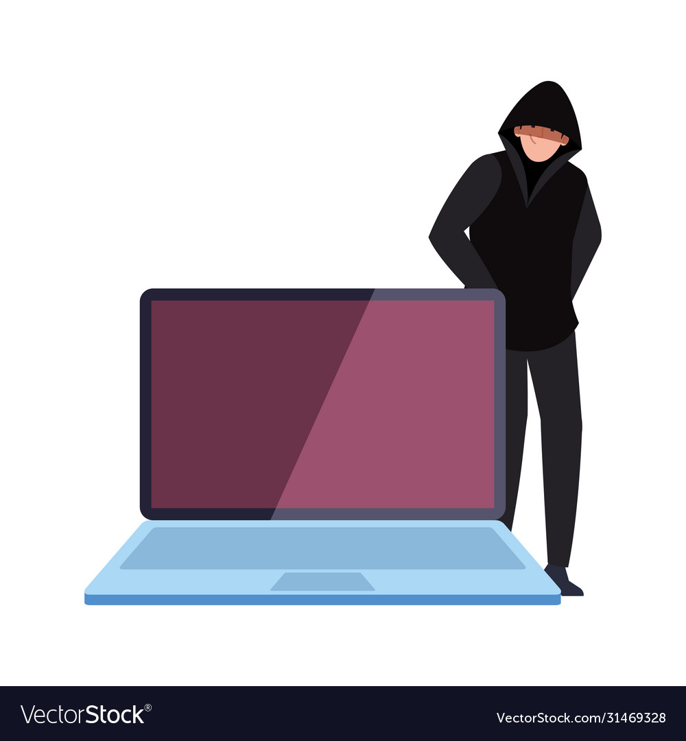 Hacker with laptop computer on white background