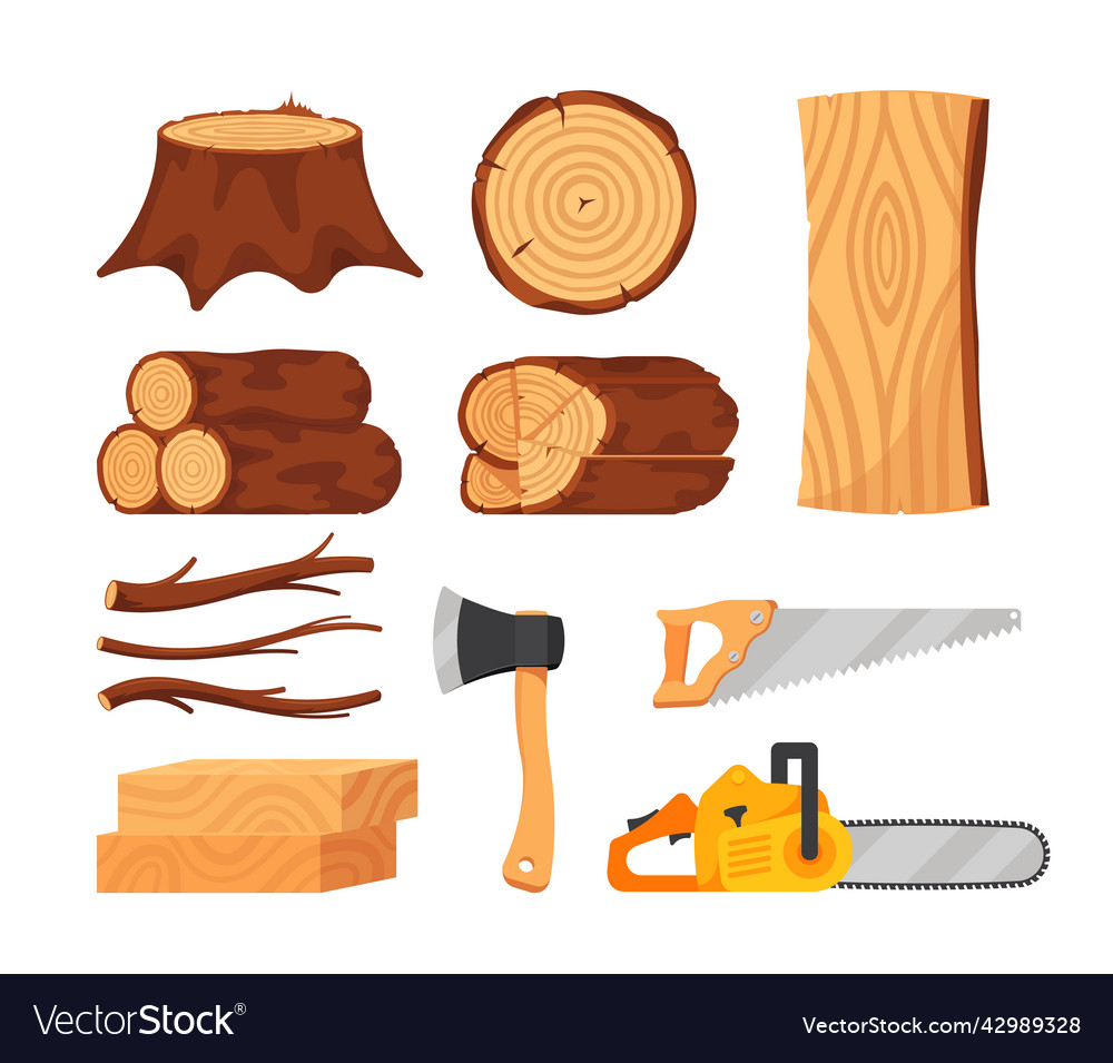 Set of tree logs wooden planks and tools timbers Vector Image
