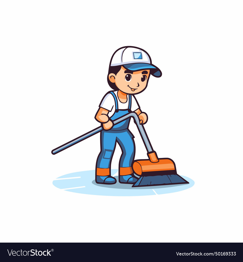 Cleaning service worker with broom in cartoon