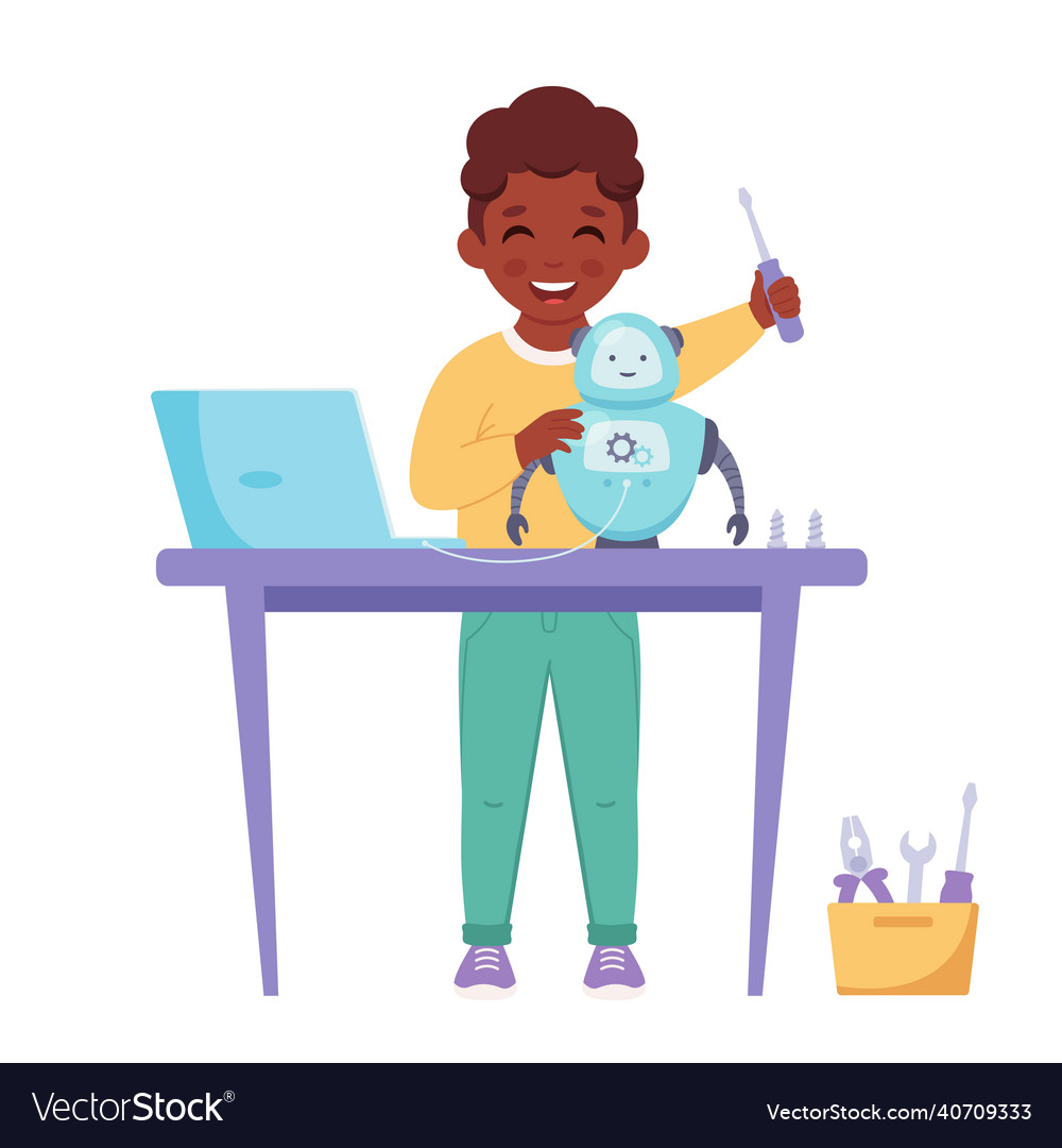 Little black boy creating a robot robotics