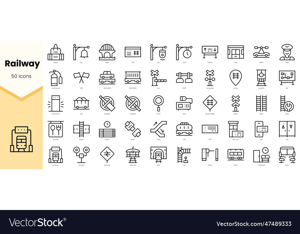 Set of railway icons simple line art style Vector Image Set of railway icons simple line art style