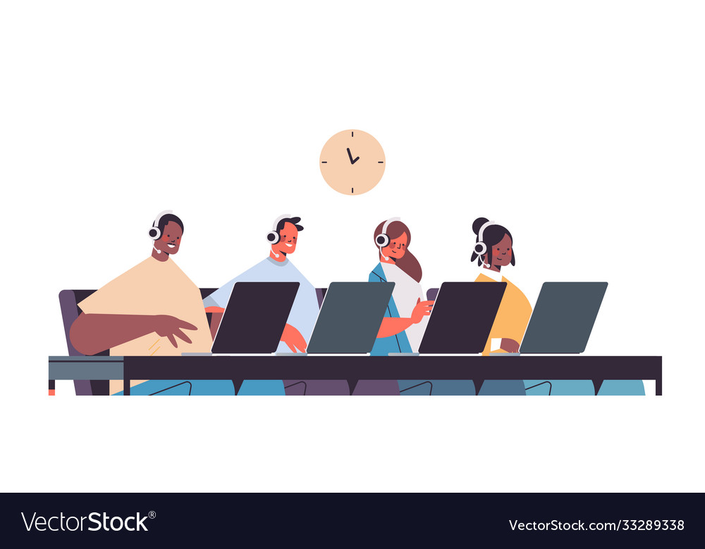 Operators with headset chatting clients call vector image Operators with headset chatting clients call