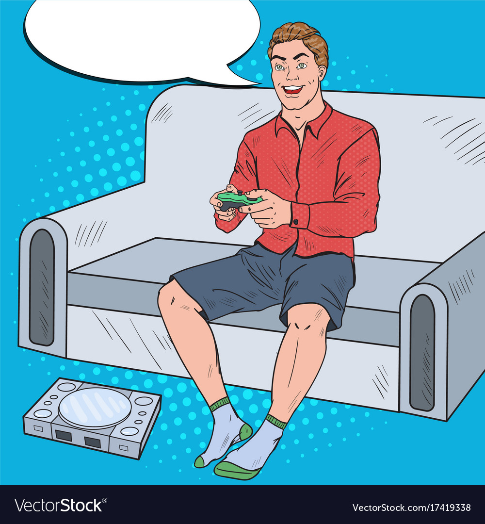 Pop art guy playing videogame on a game console
