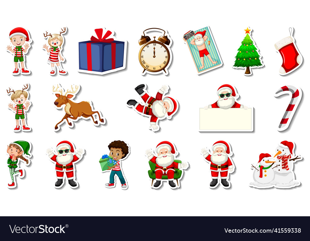 Set of christmas objects and cartoon characters Vector Image Set of christmas objects and cartoon characters