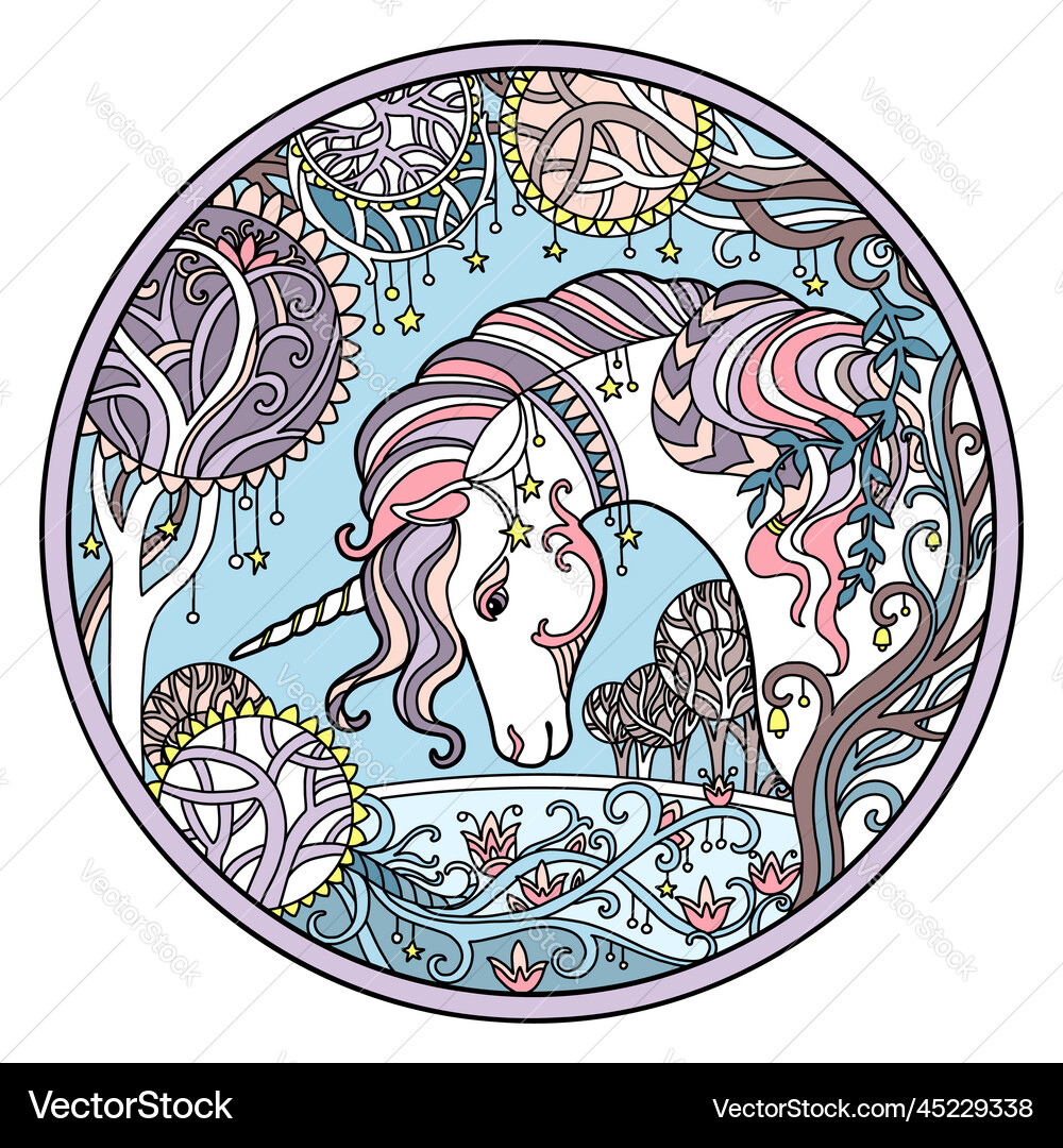 Winter unicorn round color isolated Royalty Free Vector