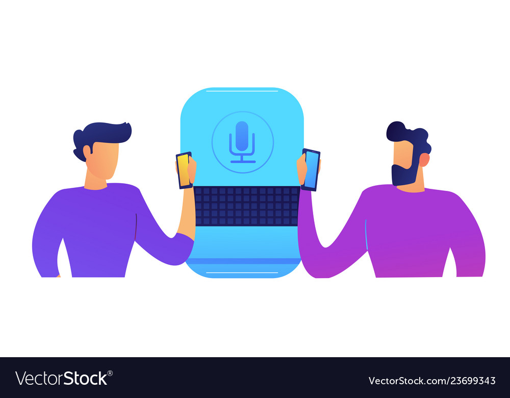 Big smart speaker and users standing using vector image Big smart speaker and users standing using
