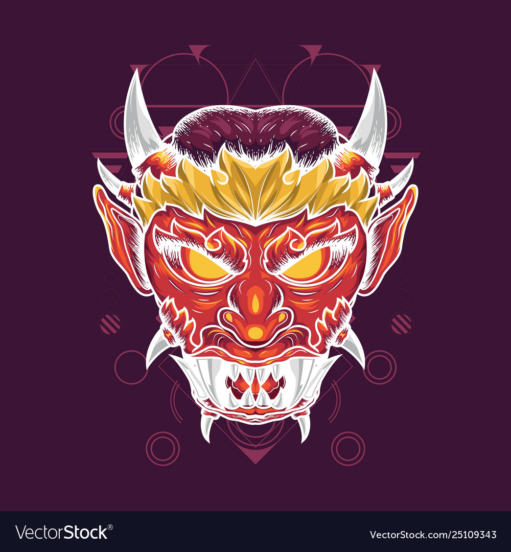 Devils head with sharp horns and fangs in bright Vector Image Devils head with sharp horns and fangs in bright