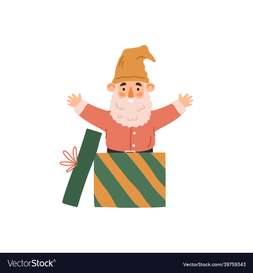 Funny fabulous gnome jumping out of gift box flat