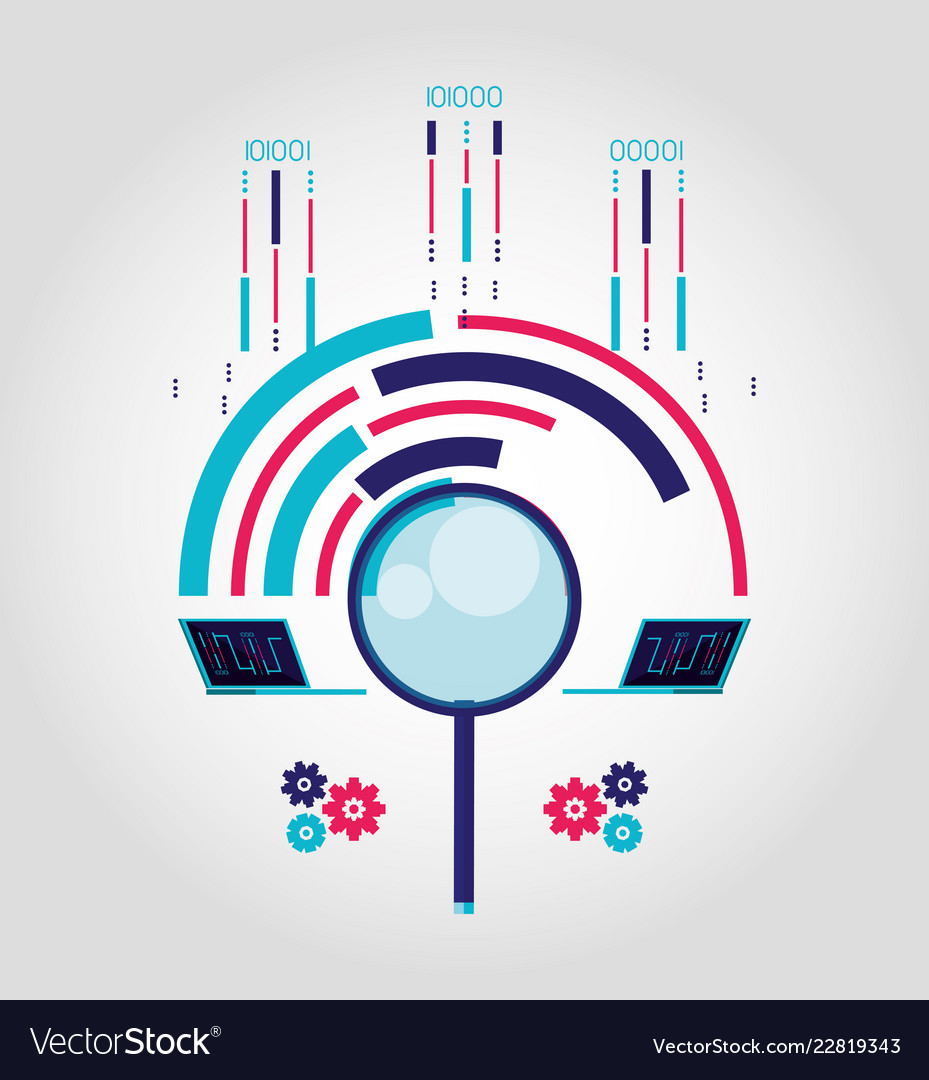 Magnifying glass with data center and circuits