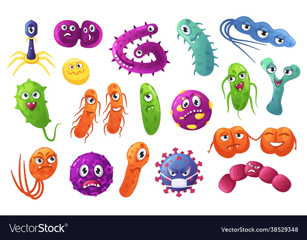 Cartoon bacteria characters cute germs Royalty Free Vector