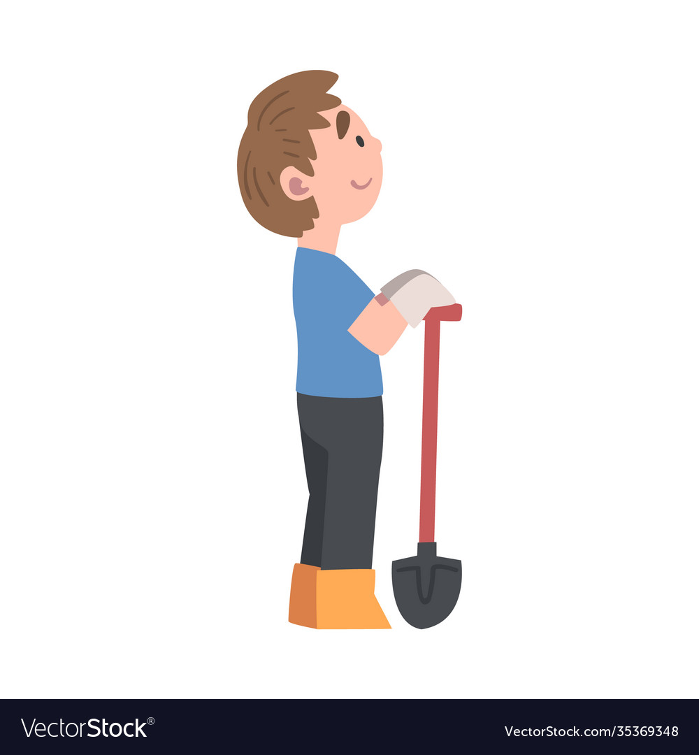Süßer Junge stehend mit Schaufel Kind arbeiten vector image Süßer Junge stehend mit Schaufel Kind arbeiten