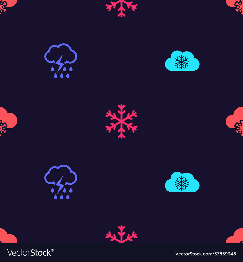 Set cloud with snow rain and lightning snowflake vector image Set cloud with snow rain and lightning snowflake