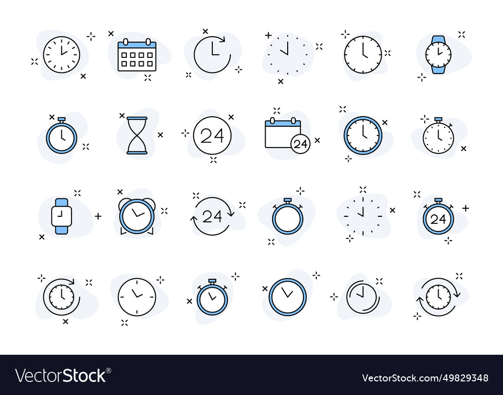 Set von 24 Zeit- und Uhr-Web-Symbolen im Linienstil