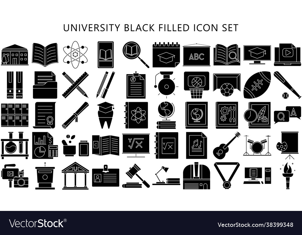 Universities and colleges black filled icon set