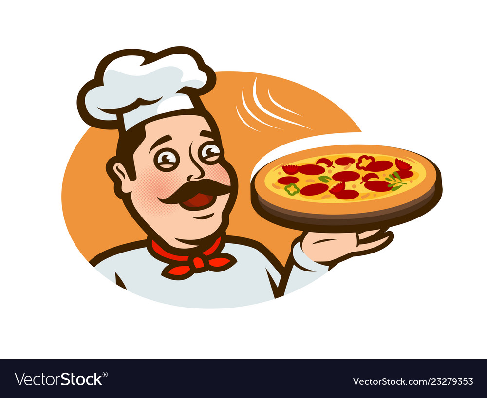 Happy chef holding a pizza tray logo or label Vector Image