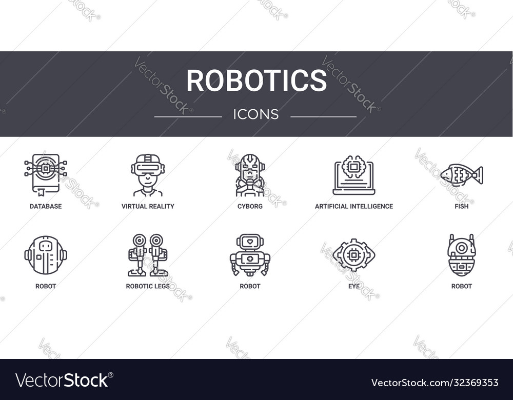 Robotics concept line icons set contains vector image Robotics concept line icons set contains