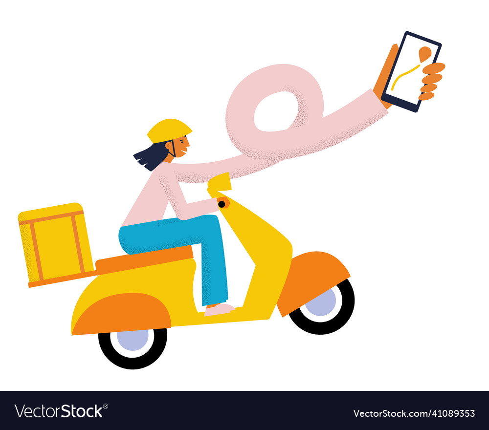 Young woman on motorbike delivery courier girl