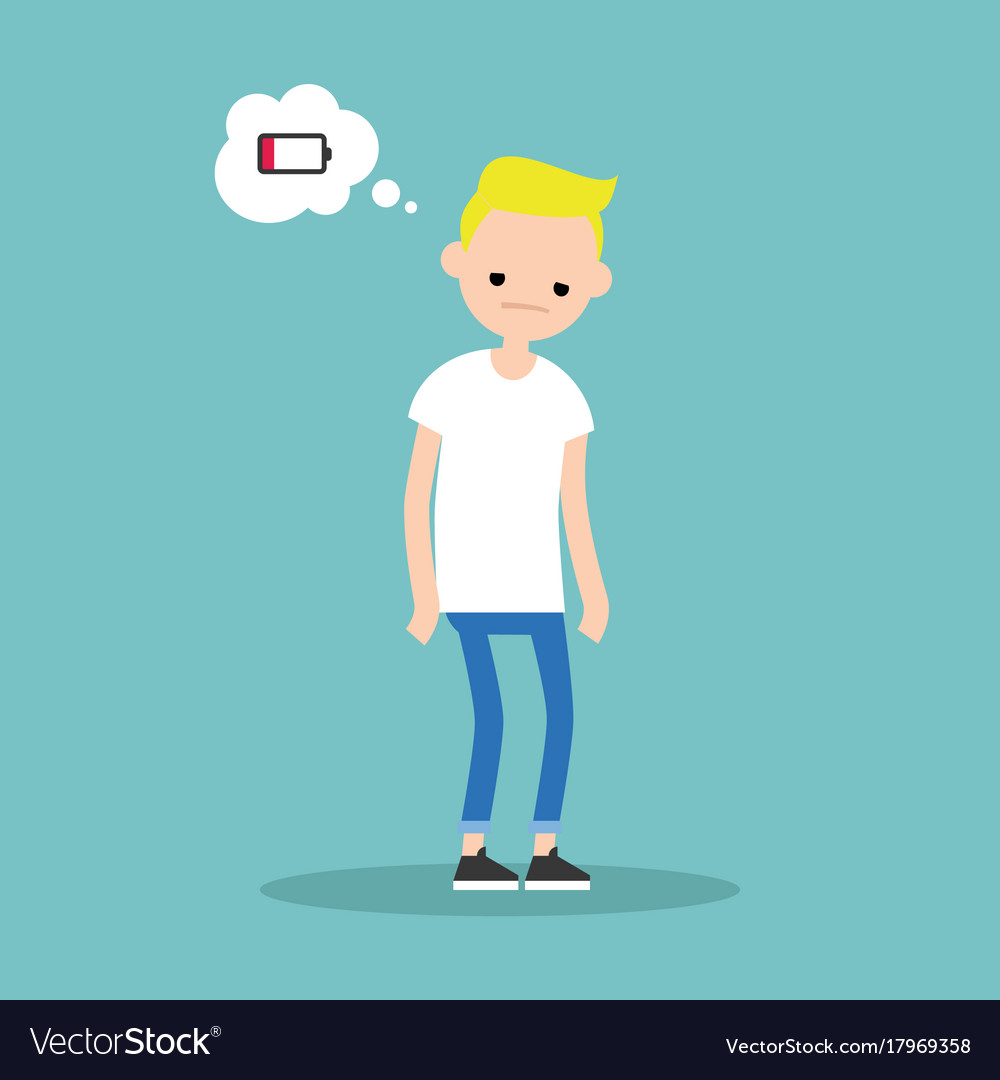 Low battery conceptual young exhausted blond boy