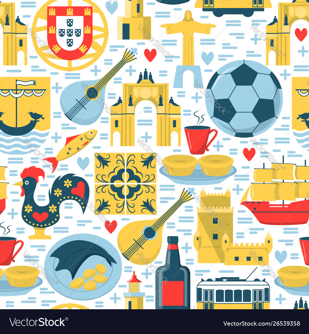 Portugal seamless pattern with icons in flat style vector image Portugal seamless pattern with icons in flat style