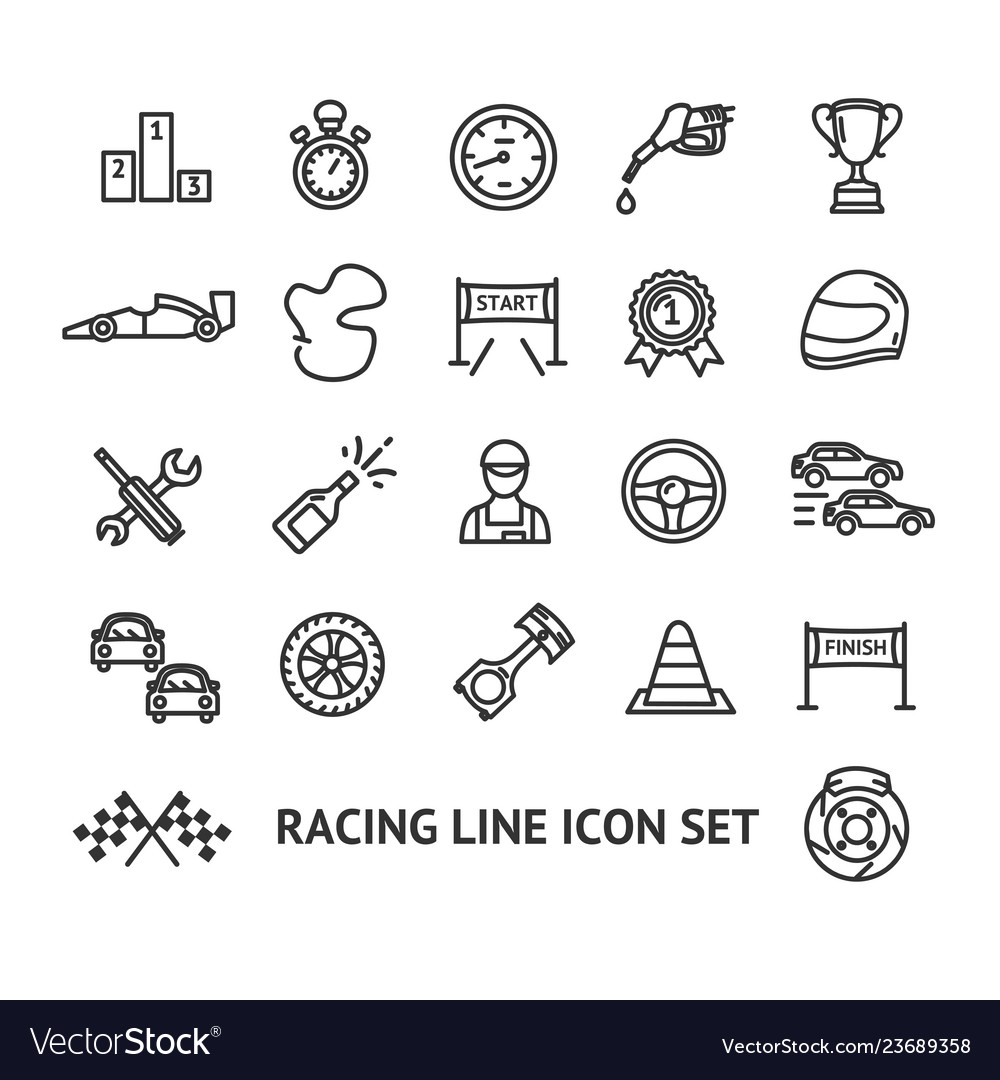 Racing signs black thin line icon set Royalty Free Vector