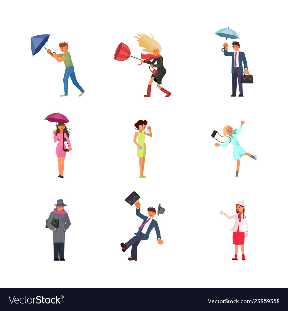 Set of people in different seasons and weather