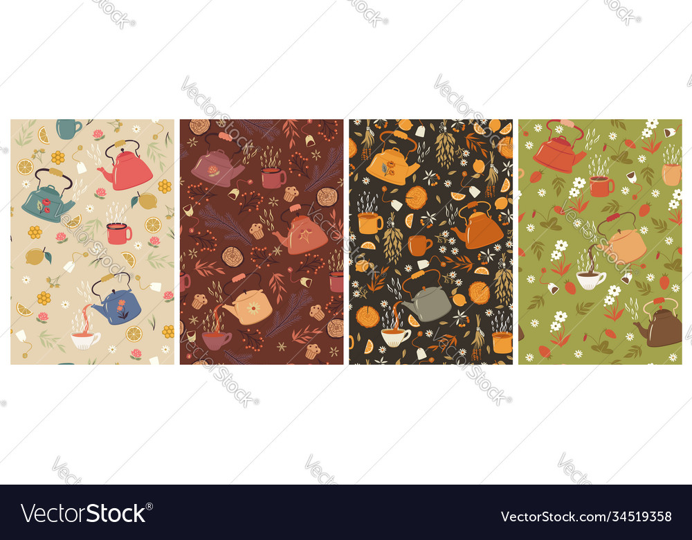 Set seamless patterns with teapots and mugs vector image Set seamless patterns with teapots and mugs
