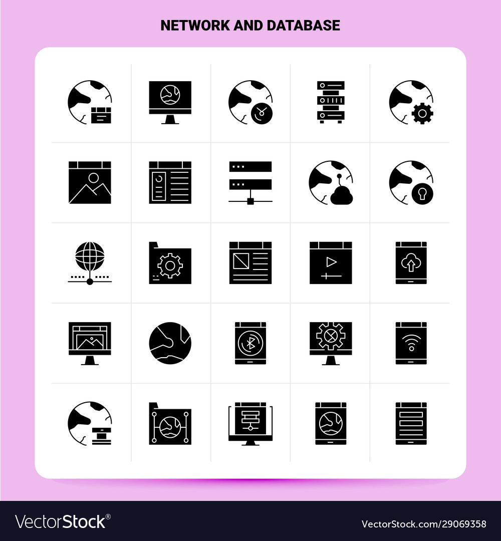 Solid 25 network and database icon set glyph vector image Solid 25 network and database icon set glyph