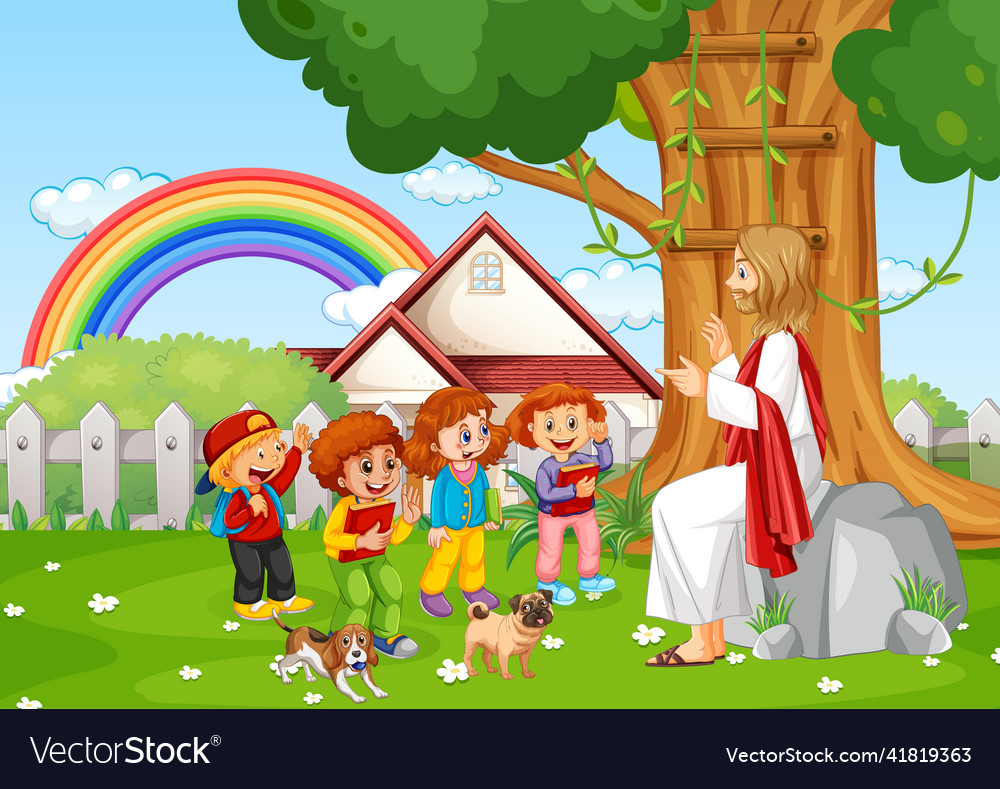 Jesus and children at the park Royalty Free Vector Image