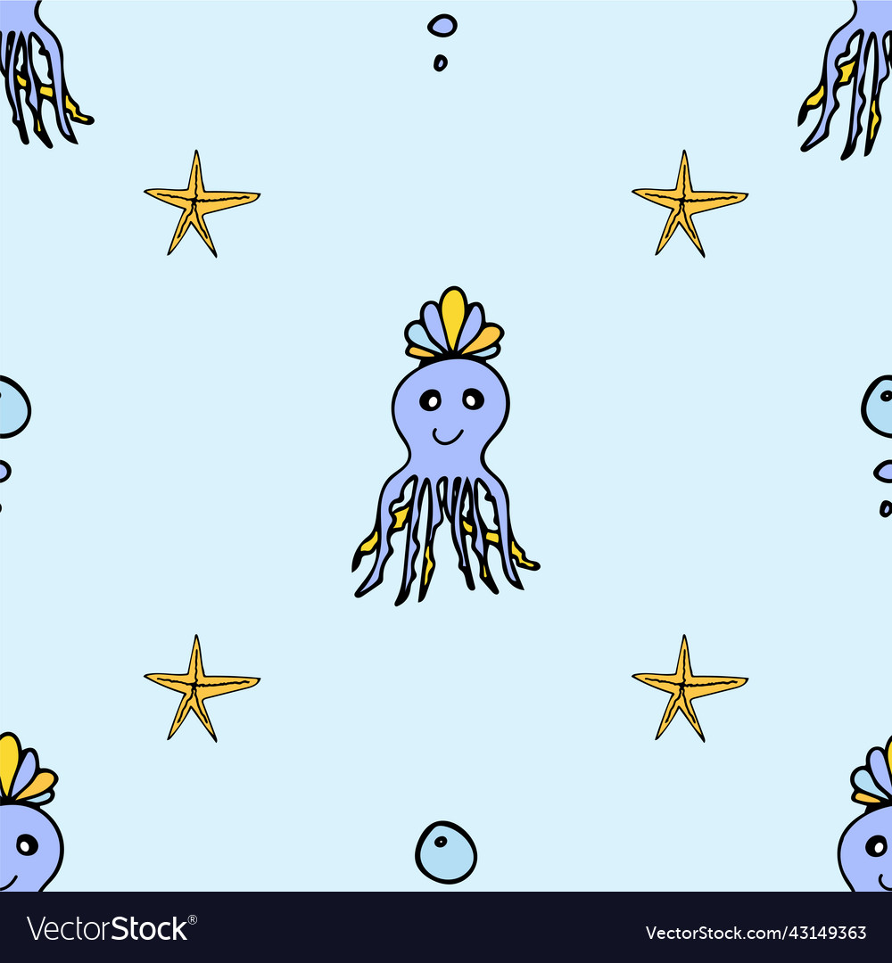 Seamless pattern with octopus in a shell crown