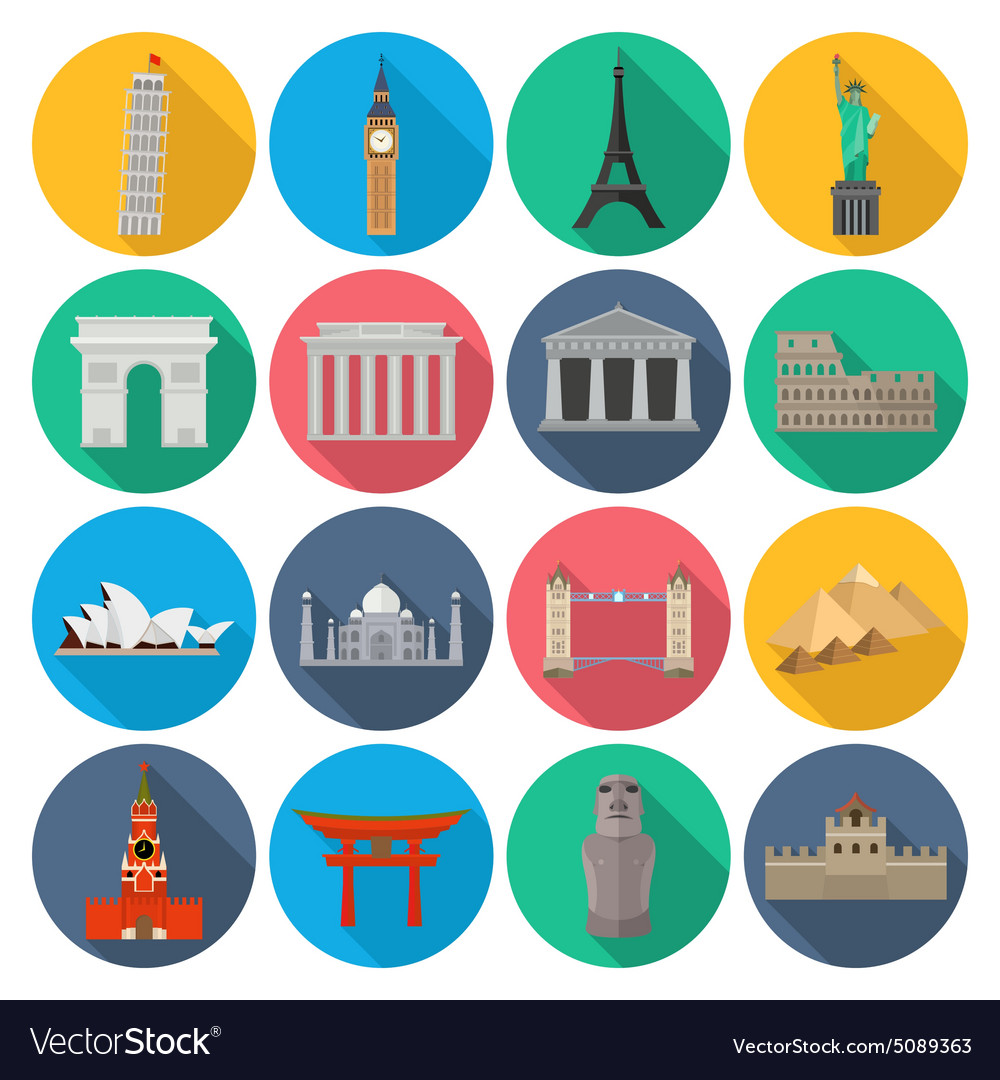 World Landmark Icon Set With Long Shadow Vector Image