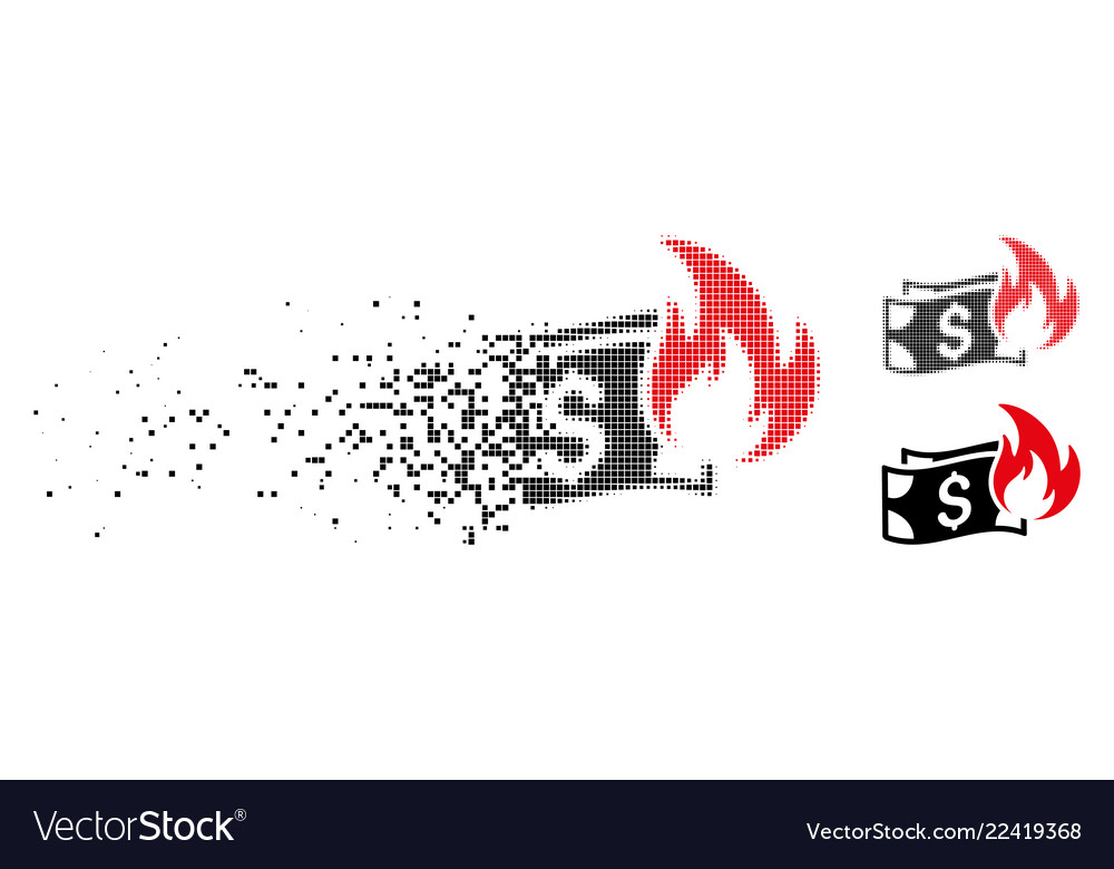 Broken pixel halftone burn dollar banknotes icon