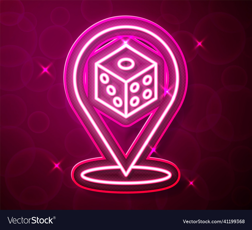 Glowing neon line game dice icon isolated on red