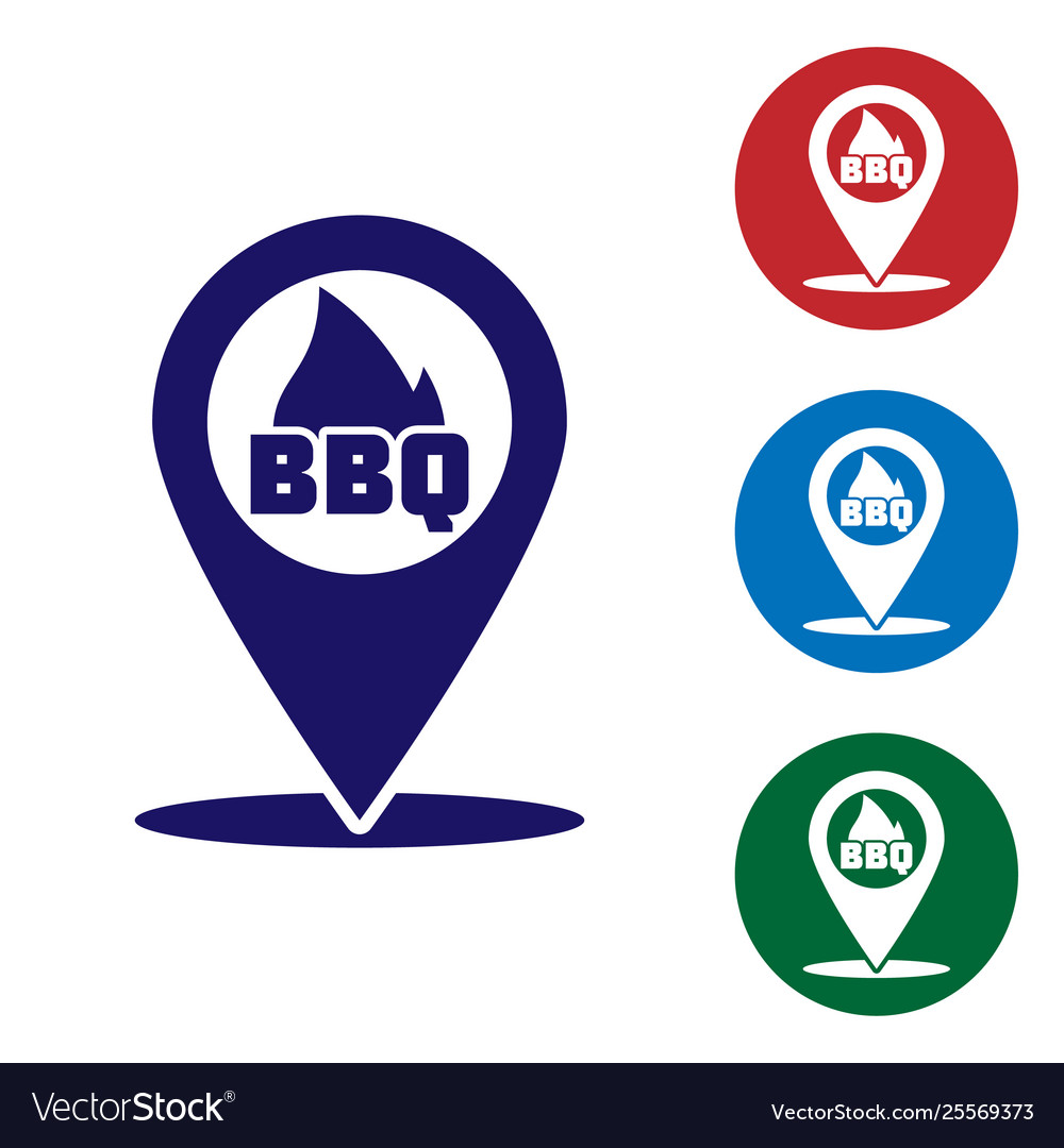 Blue map pointer with barbecue icon isolated