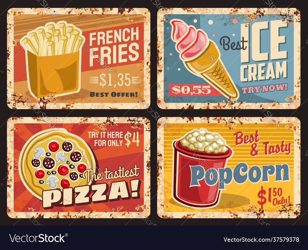 French fries pizza and popcorn ice cream plate Vector Image