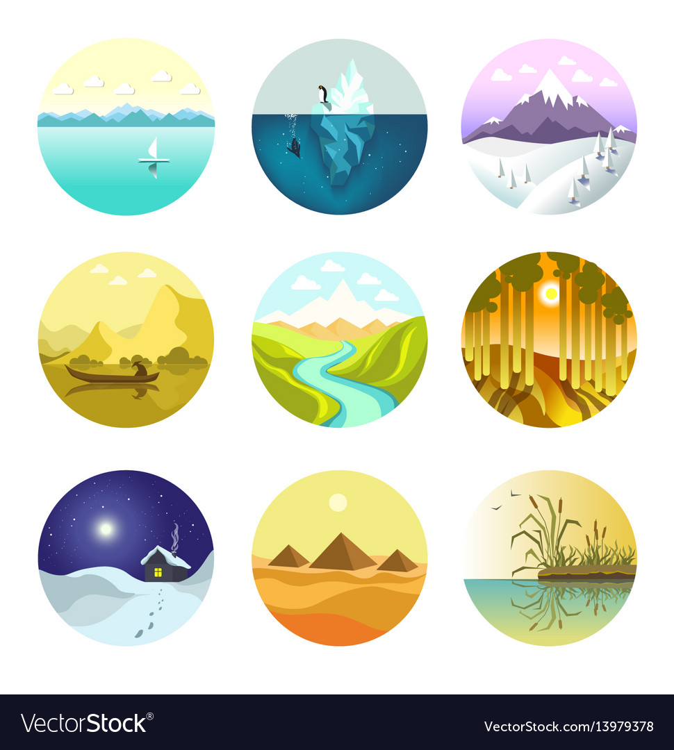 Landscape Nature Icons Mountains Ocean Royalty Free Vector