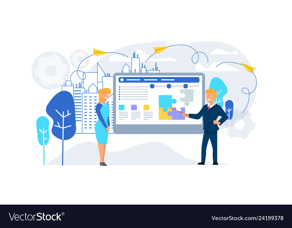 Man teach creating team composing puzzle pieces vector image Man teach creating team composing puzzle pieces