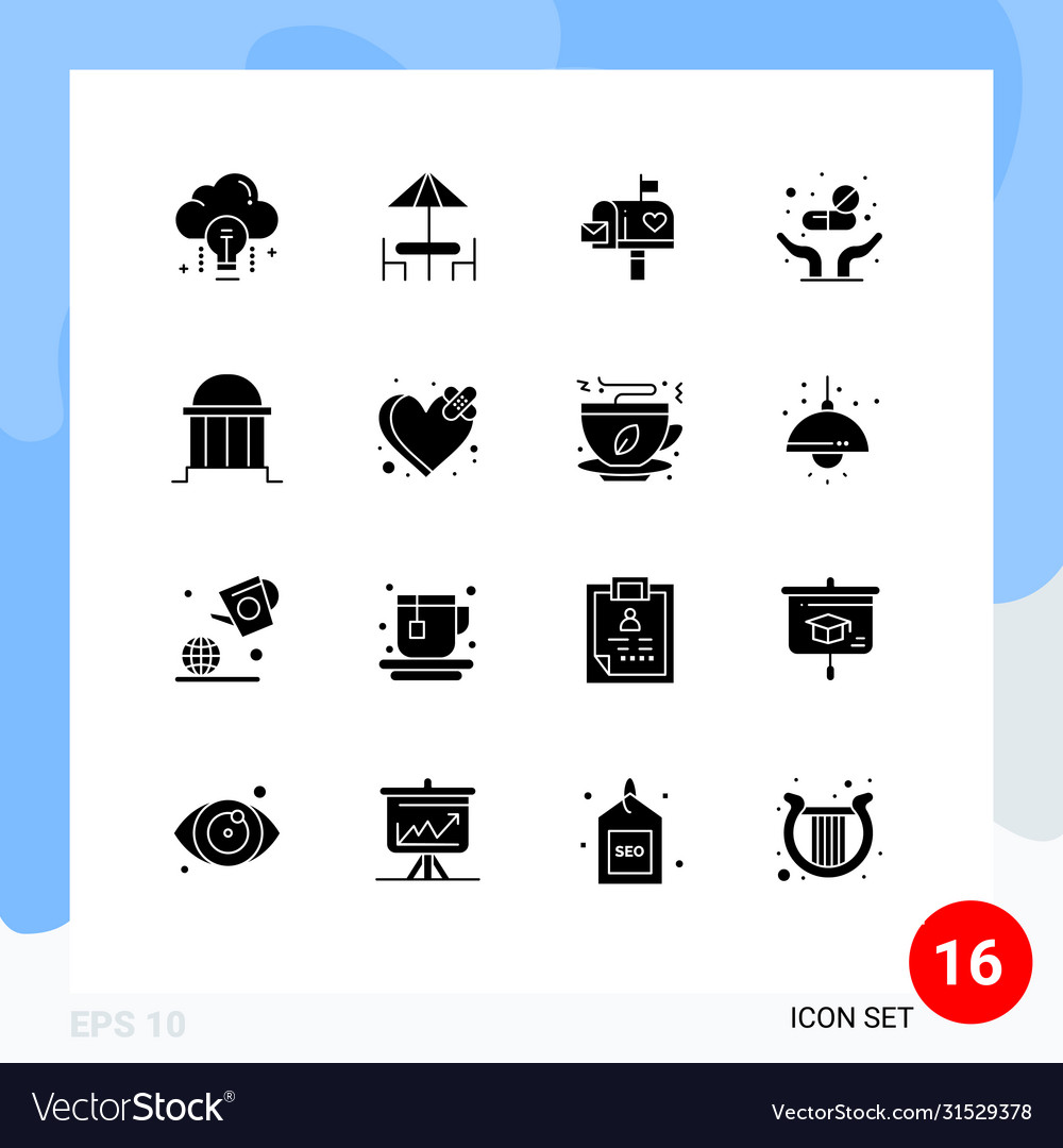 Modern set 16 solid glyphs and symbols