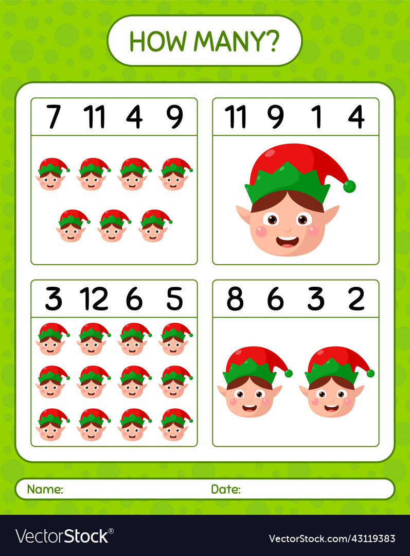 How many counting game with elf worksheet Vector Image How many counting game with elf worksheet