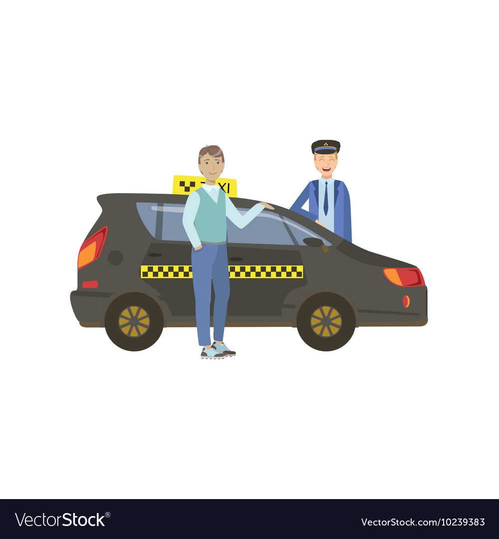 Man passenger and driver standing next to black