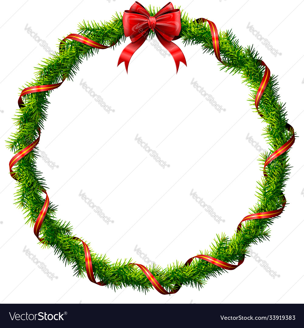 Thin Christmas Wreath With Red Bow And Ribbon Vector Image