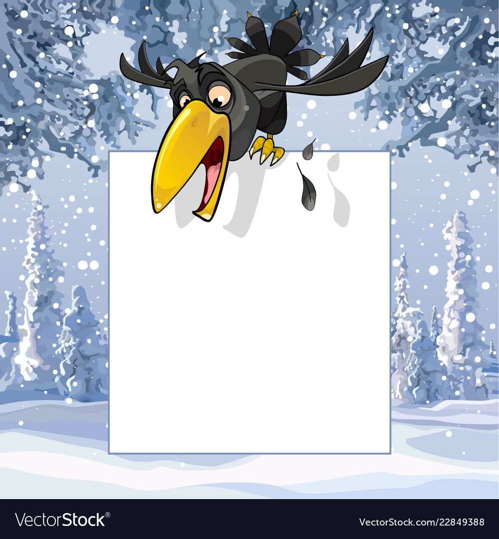 Cartoon crow over a blank sheet in winter snowy