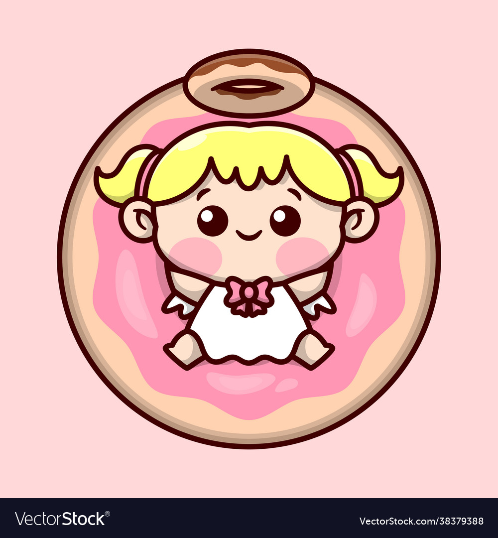 Cute blonde little angel with big donut Royalty Free Vector