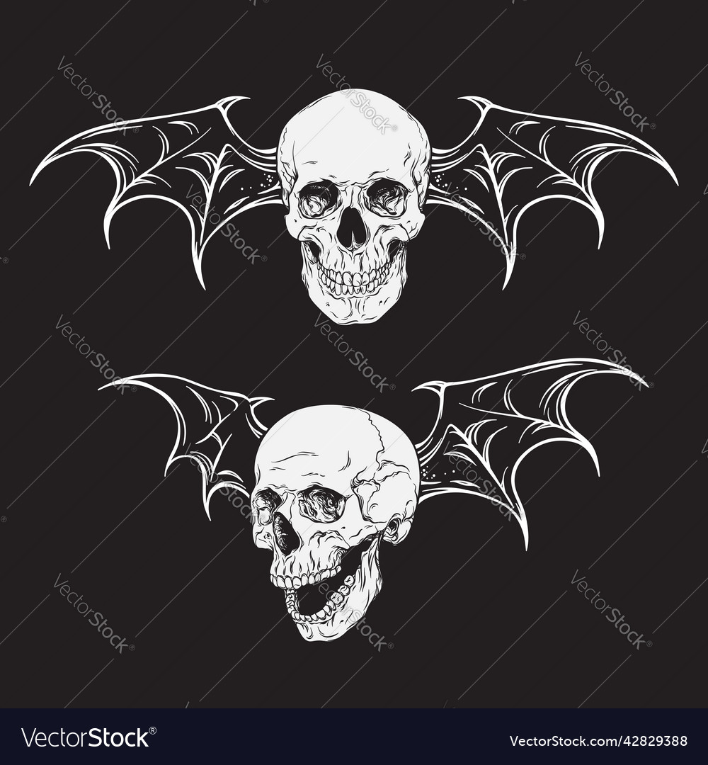 Flying human skulls with bat wings set isolated Vector Image