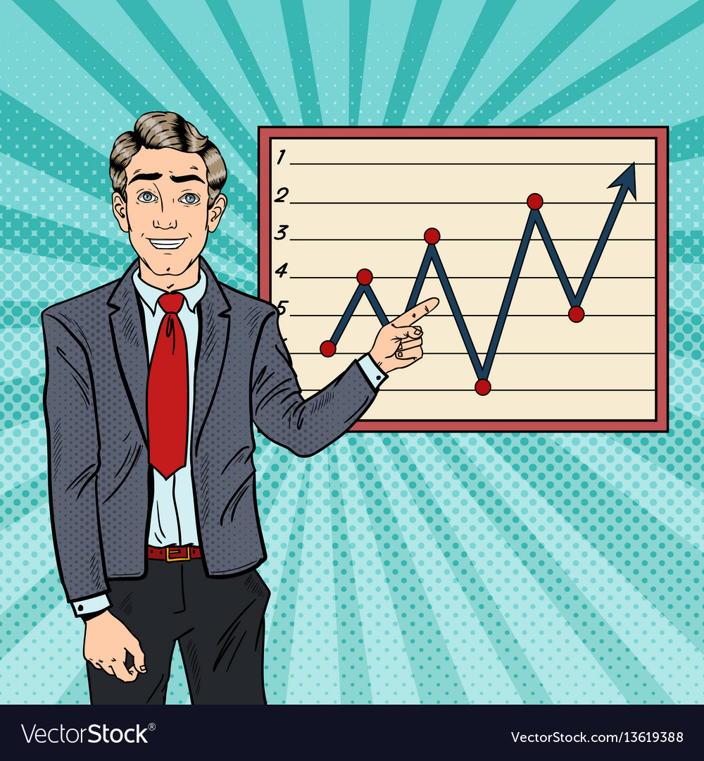 Pop art businessman pointing growth graph Vector Image