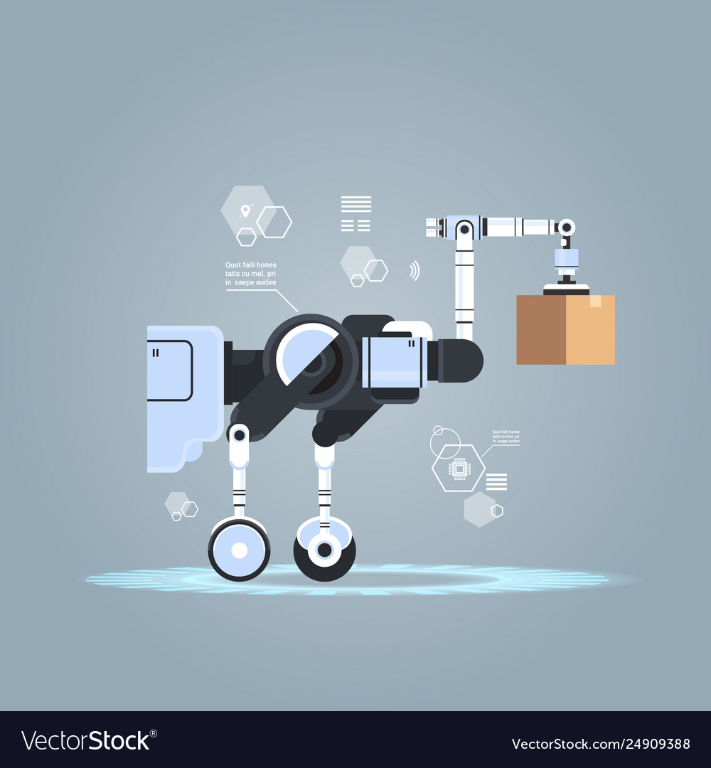 Robotic worker loading cardboard boxes hi-tech vector image Robotic worker loading cardboard boxes hi-tech