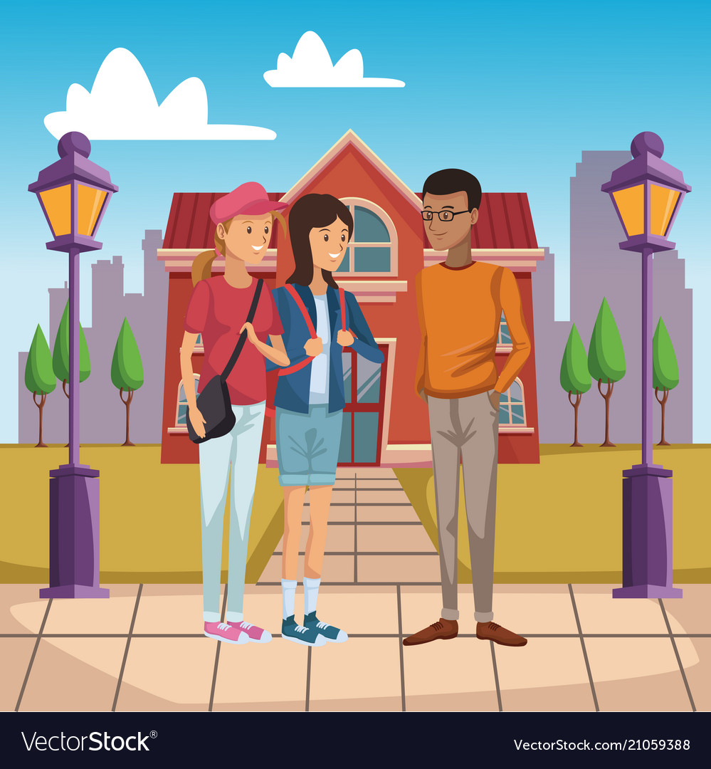 Young students outside of high school Royalty Free Vector